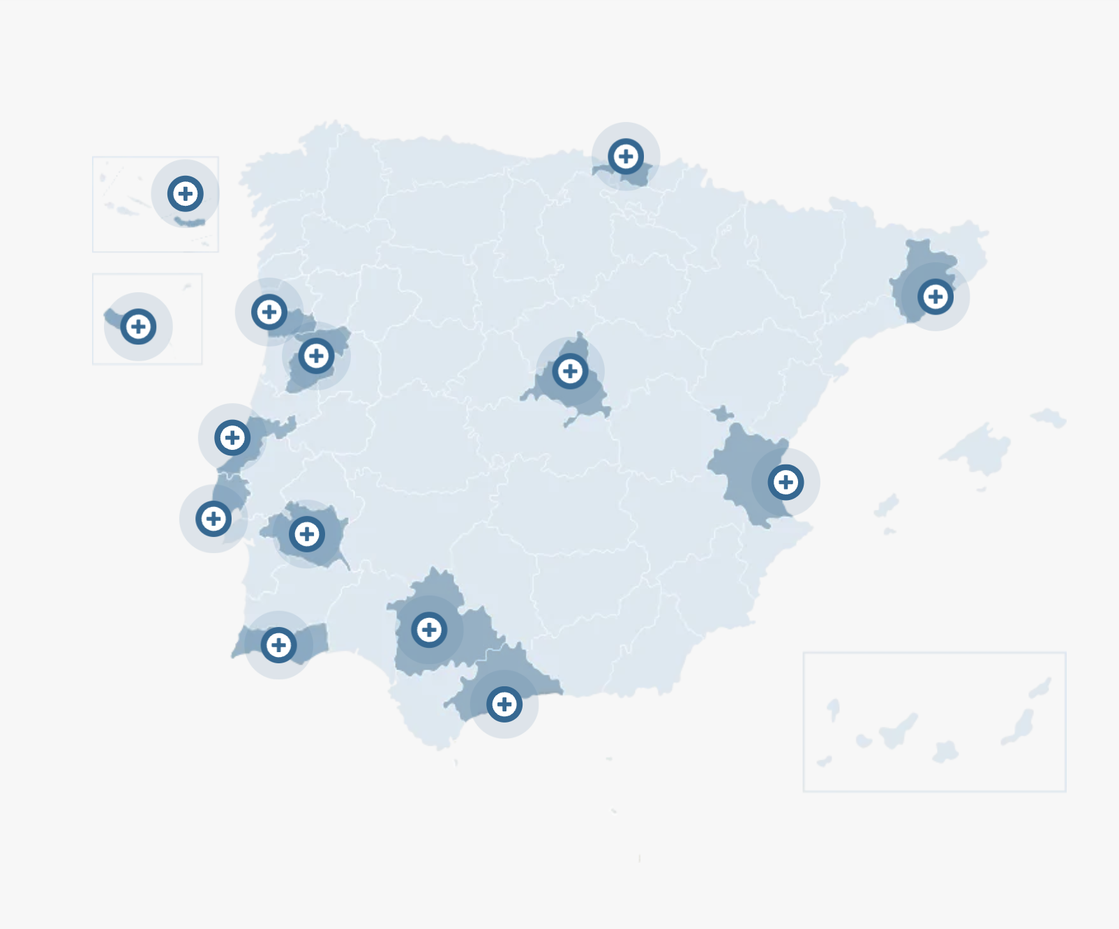 Mapa de España y Portugal, con las islas, y catorce ubicaciones señaladas